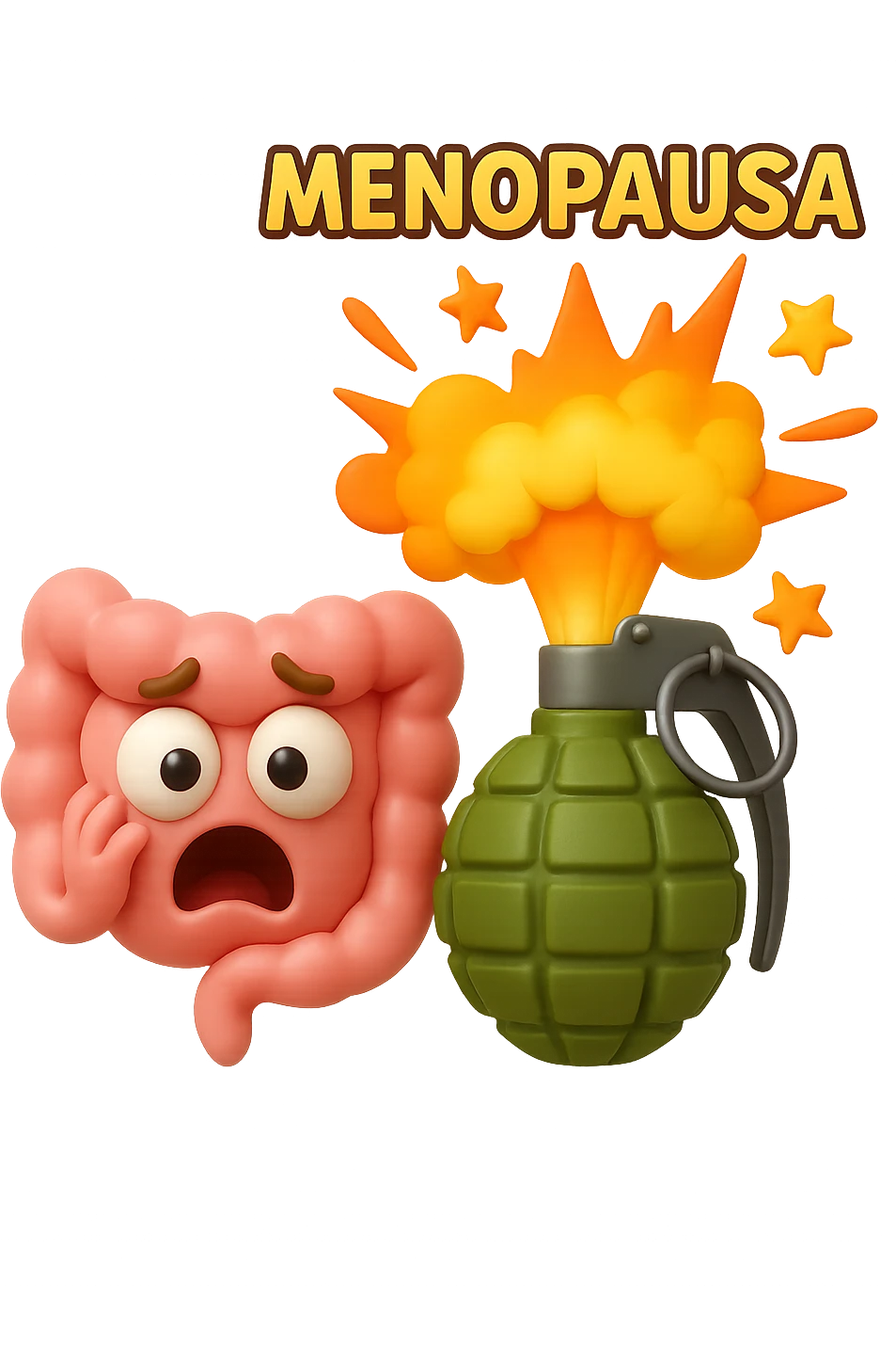 EMOJI STILE IPHONE 3D DI INTESTINO 3D CON ESPRESSIONE SPAVENTATA IN VOLTO MENTRE ACCANTO A LUI SCOPPIA UNA GRANATA 3D CON LA SCRITTA "MENOPAUSA" SOPRA, FAGLI ANCHE LA PARTE BIANCA DEGLI OCCHI, NON SOLO LA PUPILLA emoji