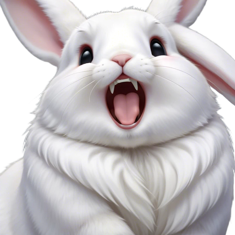 Cinematic Cute Yawning White Rabbit Portrait Emoji, Head tilted slightly with a dramatic, wide-open yawn, showcasing a smooth, silky white fur with floppy ears, round dark eyes barely open in drowsy contentment, Simplified yet irresistibly adorable features, highly detailed, glowing with a soft, cozy glow, high shine, relaxed yet expressive, stylized with a touch of whimsy, bright and endearing, soft glowing outline, capturing the essence of a sleepy yet affectionate bunny, so drowsy it feels like it could stretch out of the screen and curl up for a nap! emoji