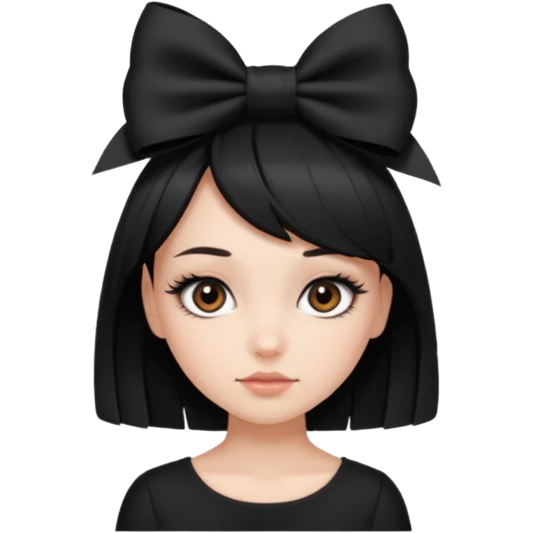 Girl with black cute  cut with a black top and a bow on her head with long lashes emoji