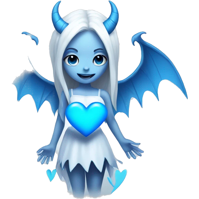 White Demon girl with blue horns and wings holding a blue heart  emoji