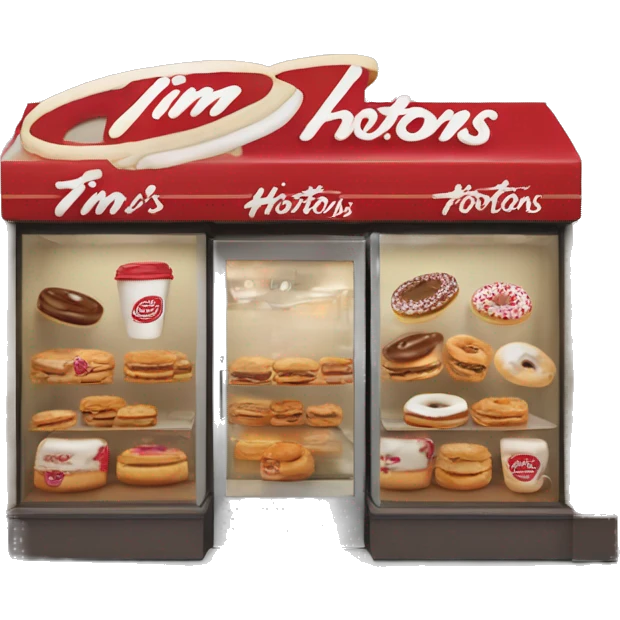 “Tim Hortons store with a red and white color scheme, featuring the classic Tim Hortons logo, a warm and welcoming design that represents a popular coffee and donut shop.” emoji