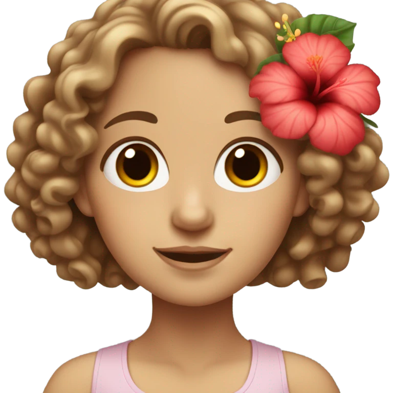 Skin tone white girl with hibiscus flower in brown curly hair emoji