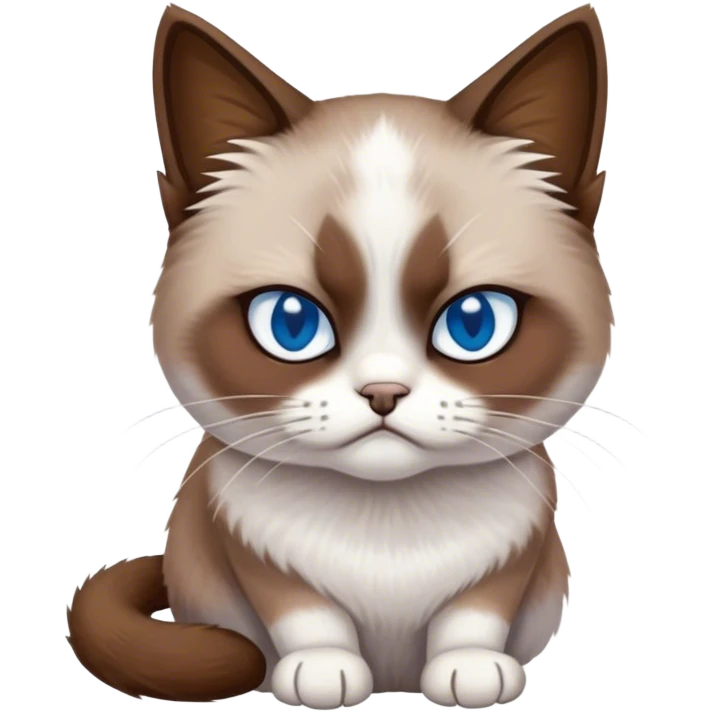 Cinematic Meme-Worthy Grumpy Snowshoe Cat Portrait Emoji, Head held high but eyes filled with dramatic disappointment, soft brown fur, white paws planted firmly in defiance, signature grumpy cat frown perfectly etched on its face, icy-blue eyes radiating pure disapproval, Simplified yet hilariously over-exaggerated features, highly detailed, glowing with an aura of supreme annoyance, high shine, exhausted yet judgmental, stylized with an almost regal pettiness, bright but brooding, soft glowing outline, capturing the essence of a feline that has seen it all and is thoroughly unimpressed, so meme-worthy it feels like it could instantly become the next viral sensation of grumpiness! emoji