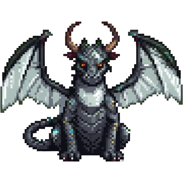 pixel art of a black dragon, big wings, two medium horns on its head emoji