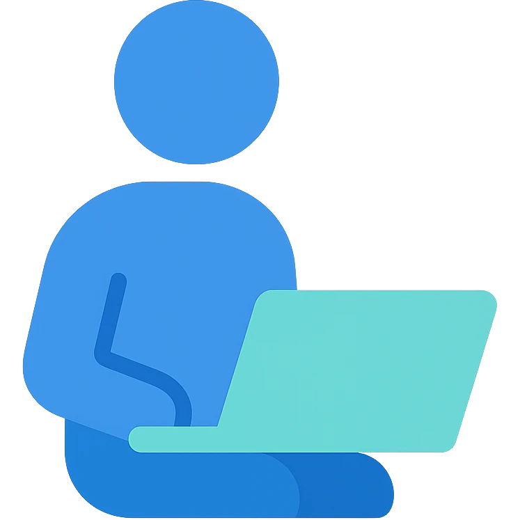 Person sitting with a laptop, flat emoji style, outline with blue and turquoise colors emoji