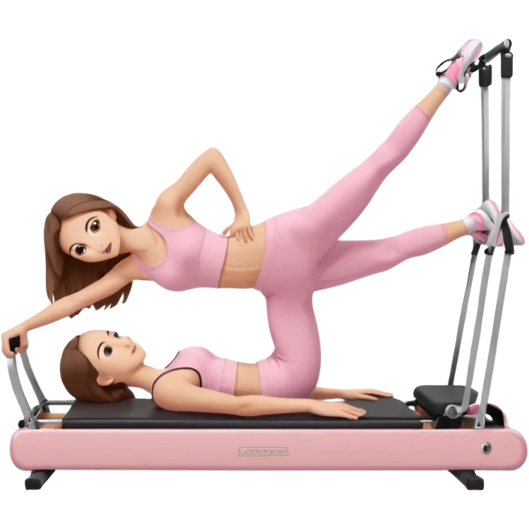 pretty caucasian teen with hazel eyes long brown hair wearing light pink workout clothes doing a plank on a pilates reformer emoji
