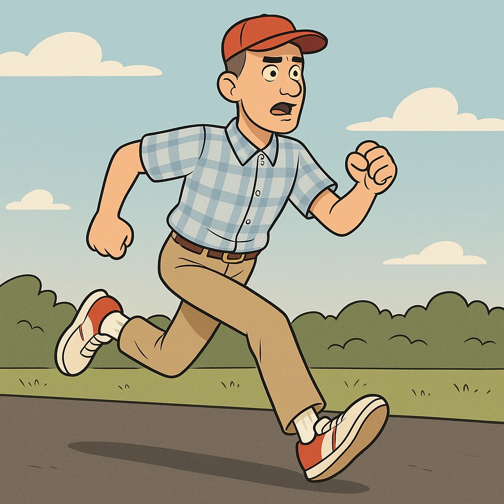 Forest Gump running, animated style, expressive movement, simple background emoji