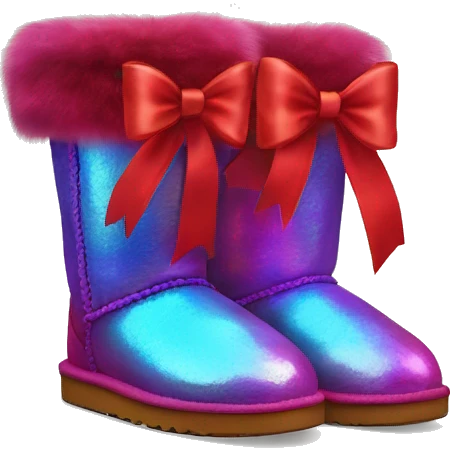 Pair of iridescent red Ugg fur boots with red silk ribbon bows. emoji