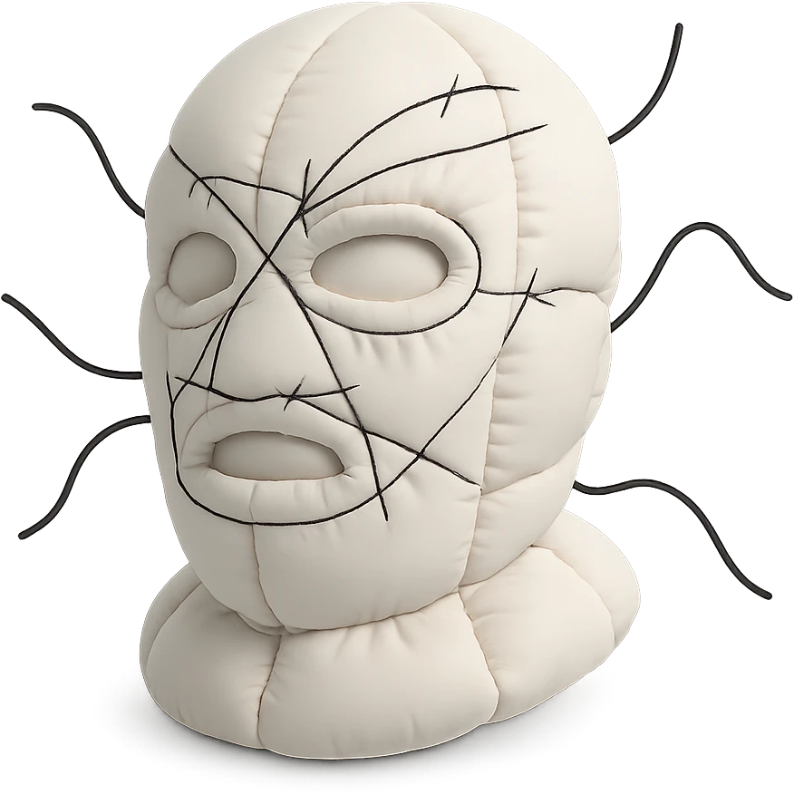 The mask is a full-head, white knitted balaclava with a tight ribbed texture. It features two asymmetrical eye openings and a partially exposed mouth area. Black thread is stitched across the surface in chaotic, abstract lines that trace facial features, giving a hand-drawn effect. Several black cords extend outward from the mask, varying in length and direction, adding a sculptural, almost organic appearance. The overall look is bold, handcrafted, and visually striking. emoji