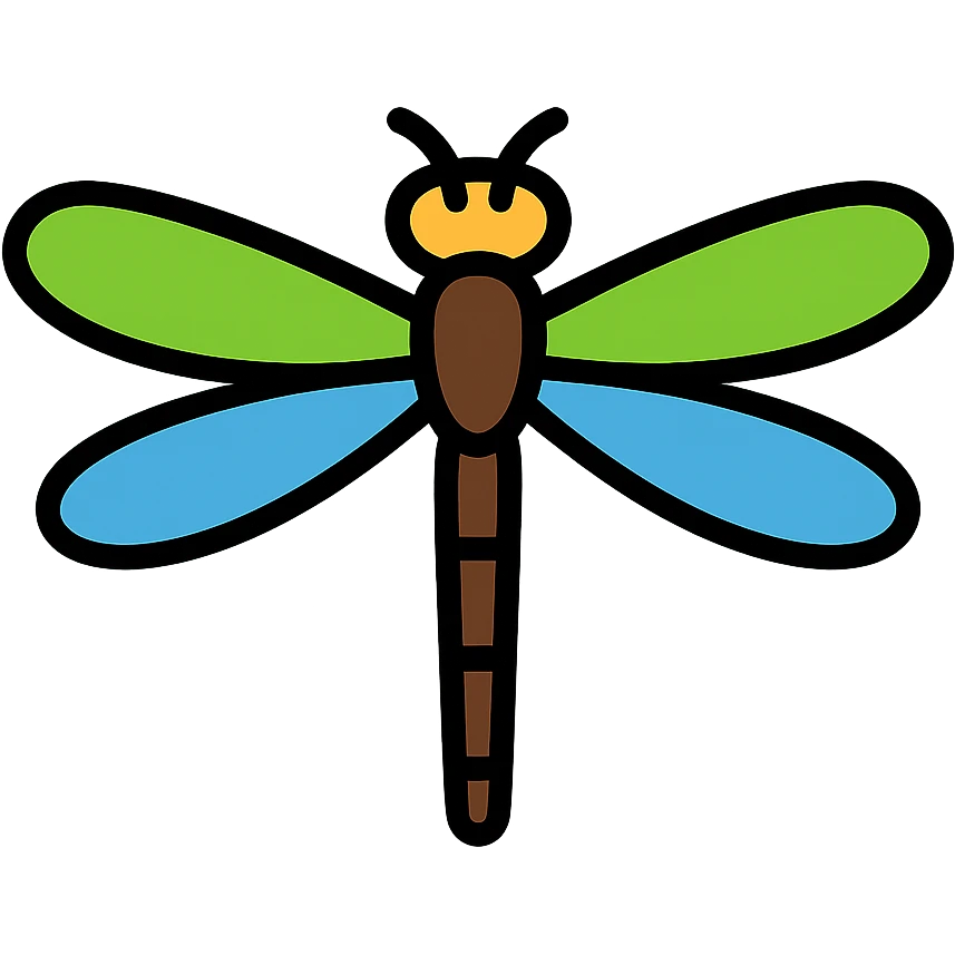 Create a more minimalist version of a realistic dragonfly with bright green and blue wings, in the color outline icon style. Simplify the shapes and details while keeping the vibrant wing colors and the overall dragonfly form. emoji
