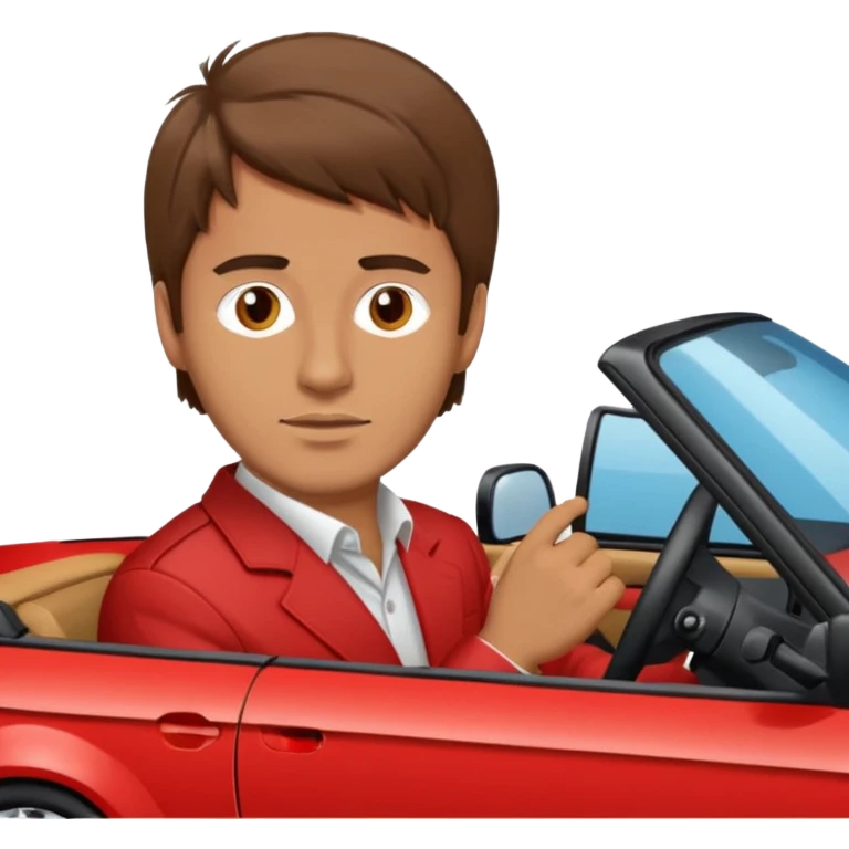 Guy with brown hair driving red BMW e30 with emoji