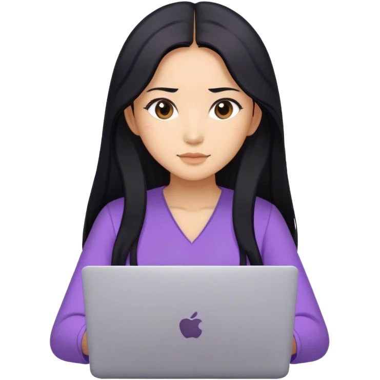 Long hair asian woman working on lavender laptop with brown eyes emoji
