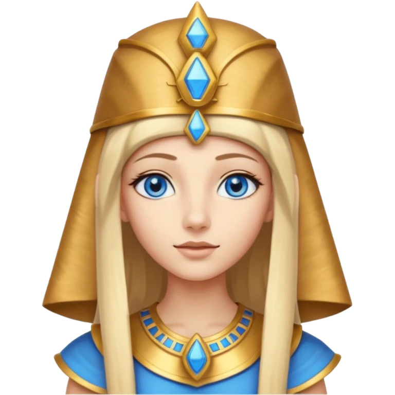 Cleopatra vestita da faraone con il cappello da faraone ma con gli occhi azzurri e i capelli lunghi biondi non troppo chiari con il cappello da faraone dorato senza frangia  emoji