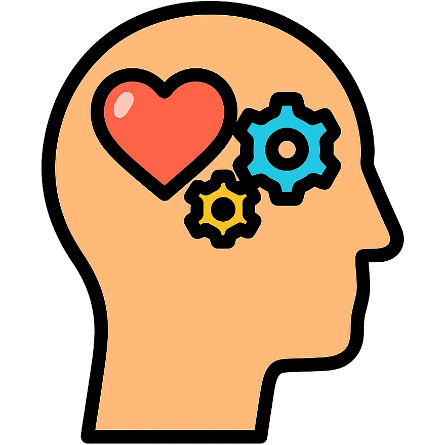 Vector illustration of a human head icon in profile view, with a heart or gears inside the head symbolizing emotional intelligence or cognitive processing. Clean and sharp lines, with subtle realistic shadows and glossy highlights for depth. Flat yet modern vector style. Transparent background emoji