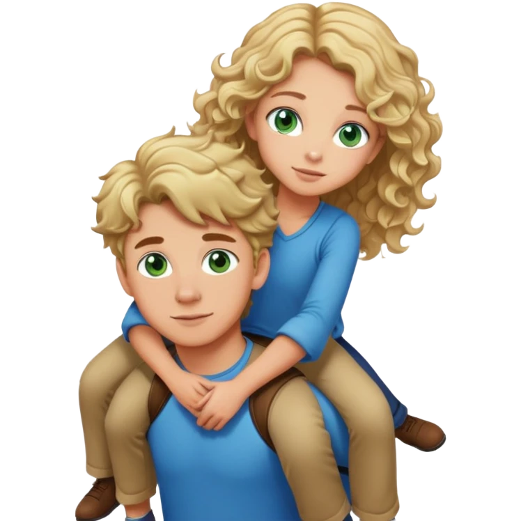 please make me an emoji of a short, tan, long curly brown hair girl with green eyes piggy back riding a her boyfriend who is tall, tan, boy with blonde hair, and blue eyes  emoji