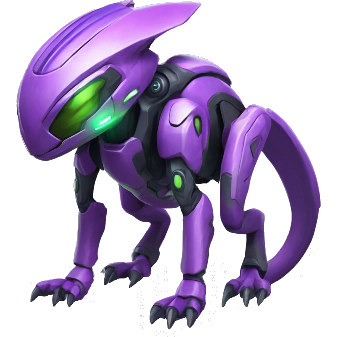 a purple-green Genesect-Raptor-Fakémon—hybrid with a futuristic visor-helmet full body emoji