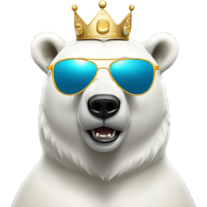 polar bear dj, cute emoji face, looking forward, wearing cool sunglasses, wearing over-ear headphones, wearing a fun crown on top of his head emoji