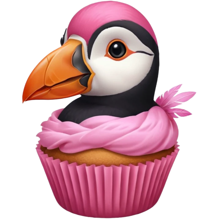 pink head feathers puffin that is pink, eating a muffin that is pink emoji