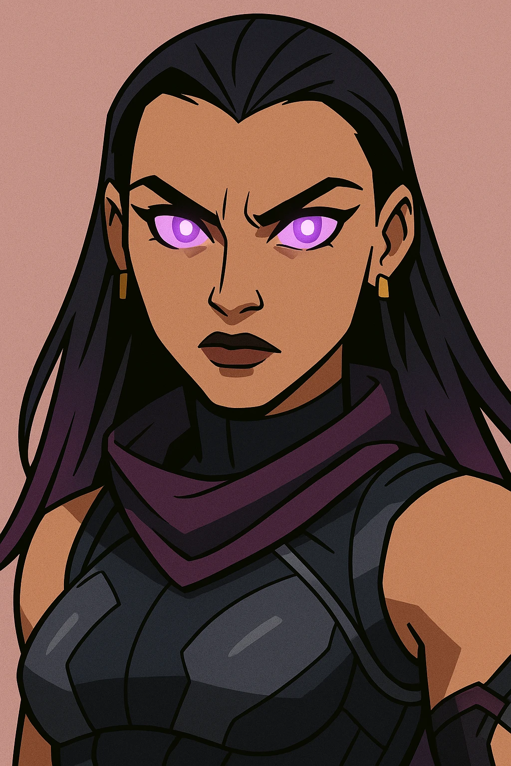 Valorant agent Reyna close-up portrait with glowing purple eyes, dark hair, intense look, stylized with bold lines, game art style emoji