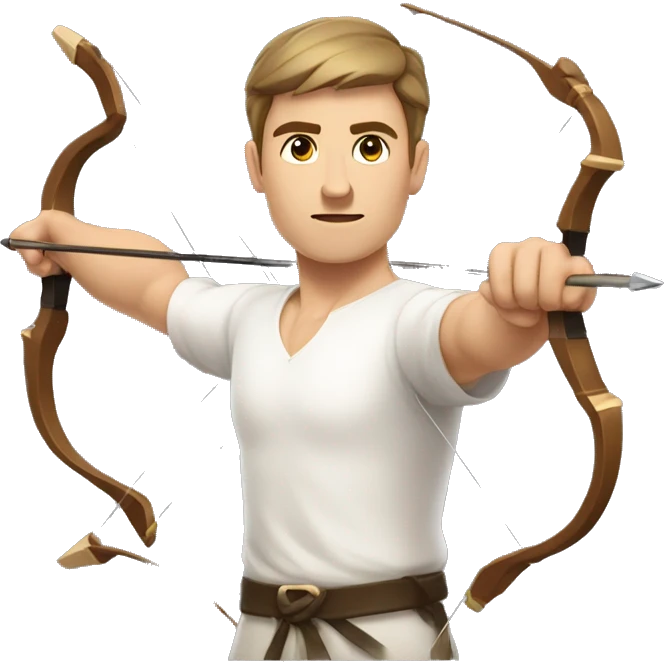 a male archer bending a bow, wearing a white shirt, very short brown hair, bright skin, only show upper part of the body from waist up emoji