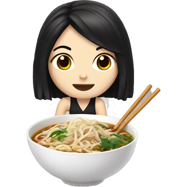 White girl with black hair eating pho/noodles emoji