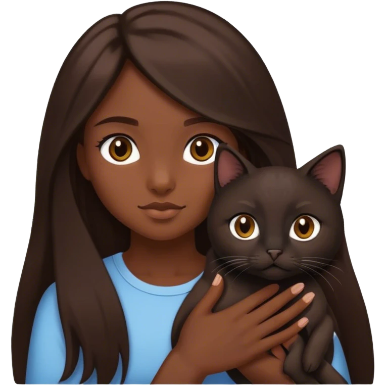 a girl with dark really long brown hair with brown eyes and holding a tiny cat that is black? emoji