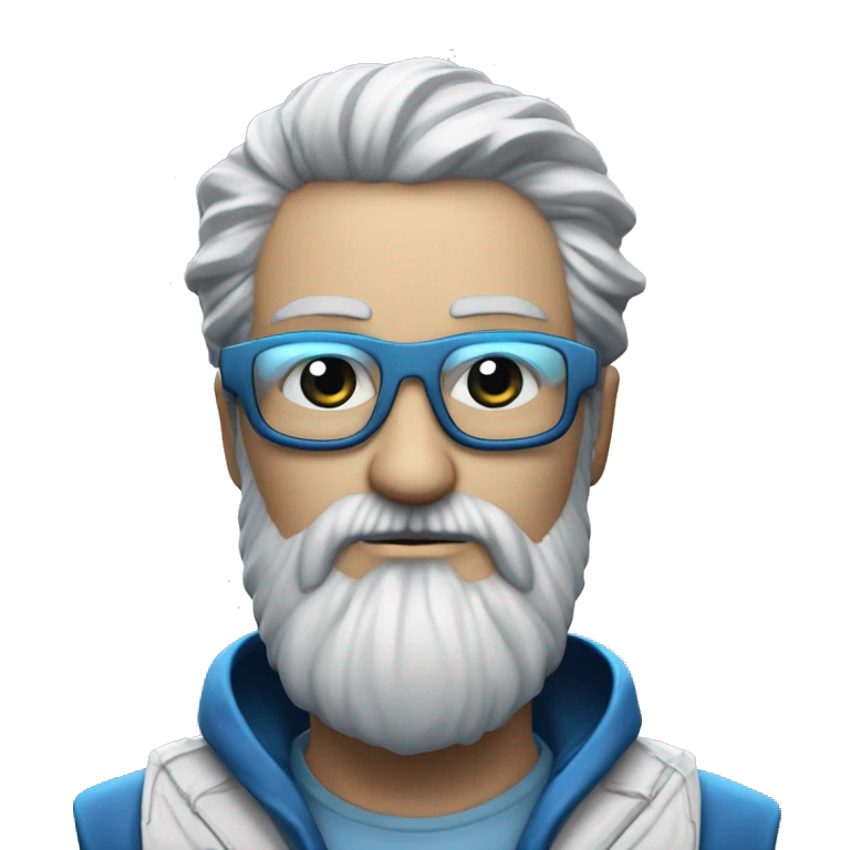 Homme grande barbe blanche, chauve, yeux bleu lunette et manteau cyberpunk emoji
