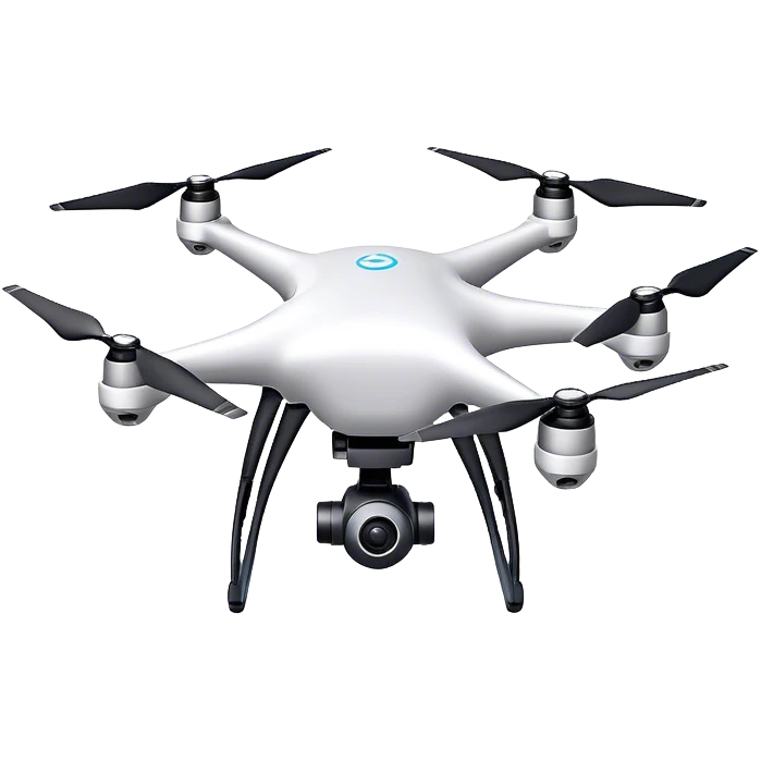 Drone with a sleek design, flying in the air, with rotating propellers, representing modern technology and innovation emoji
