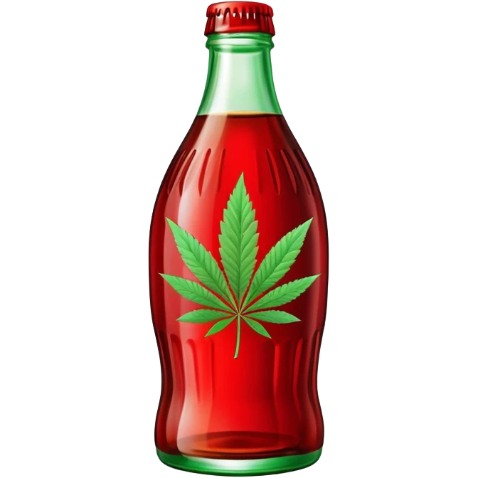 Classic Coca-Cola shaped glass bottle with curved contours, red color, with a cannabis leaf emoji