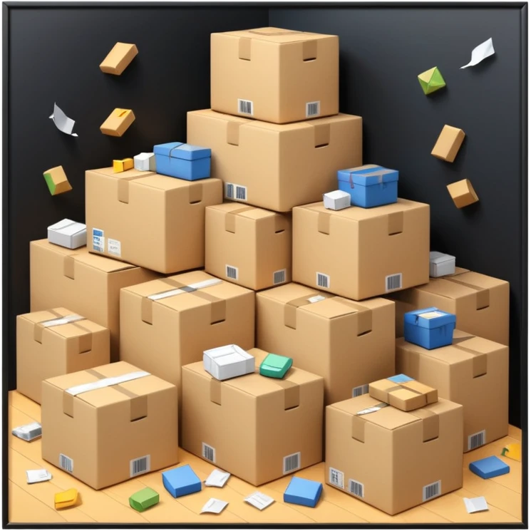Generate a realistic emoji-style of a overfilled storage room where the packages are falling over emoji