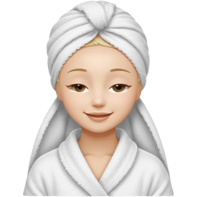 cute girl with her eyes closed and smiling, wearing a white spa towel as her clothes in she has a white spa towel on her head, white face skincare mask whole face emoji
