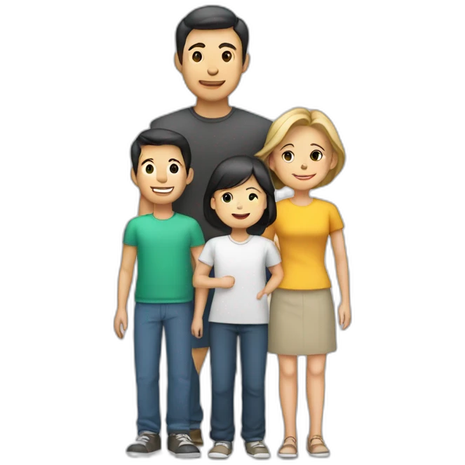 family with asian man, white woman, 2 boys and 1 girl. exactly 5 people. emoji