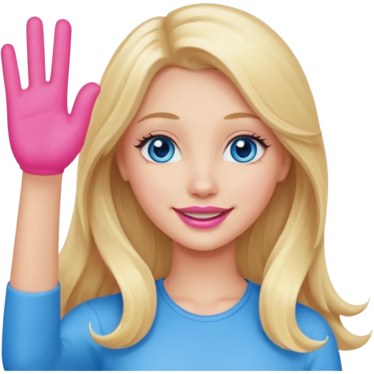 A beautiful blonde girl with long hair, blue eyes, pink lips and a sweet smile  arm hello emoji