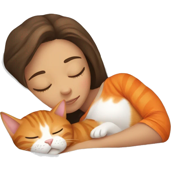 brunette girl sleeping with orange tabby cat  emoji