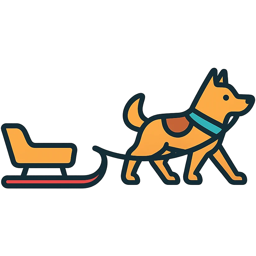 a sled connected to a dog by a rope, the dog is pulling, explanatory icon style emoji