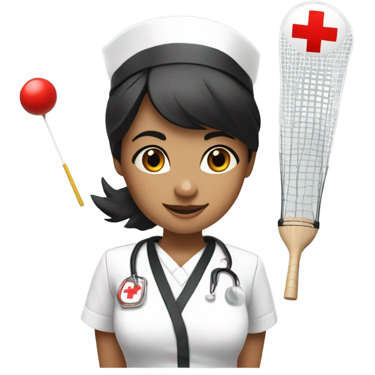short black hair female nurse with red cross sign hat playing badminton emoji
