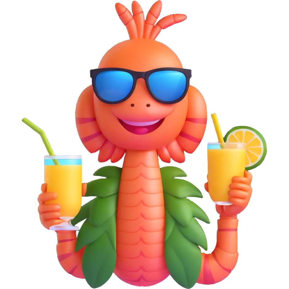 shrimp on vacation wearing sunglasses and a hawaiian shirt, holding a tropical drink, relaxing on a beach, memoji style emoji