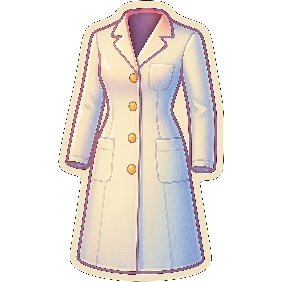 female medical coat full length, fitted silhouette, retro stickers style, soft rounded shapes, clean contours, pastel palette, shadows and highlights, modern illustration, transparent background emoji