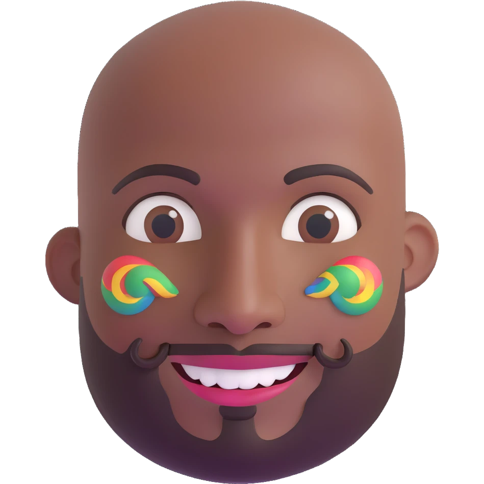 Oxumarê as a smiling 37-year-old bald man with very dark skin (2 shades darker), smooth oval head, indigenous facial features, mustache with circular beard only on chin (no hair on sides), a round mole on the right side below the lip, and a rainbow serpent wrapped around him, Memoji style emoji
