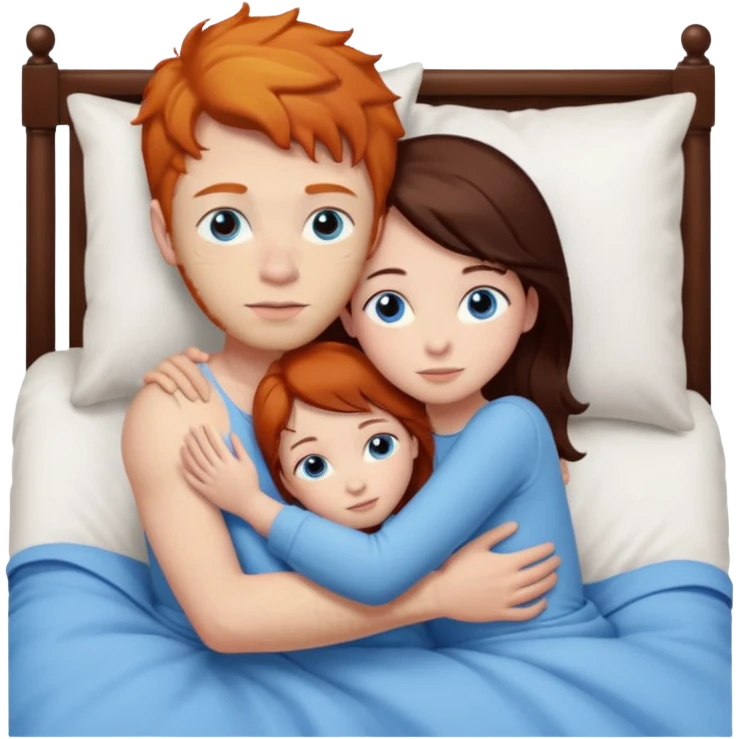 Ginger boy hugging girl with very dark brown hair. Both have blue eyes. They are in bed.  emoji