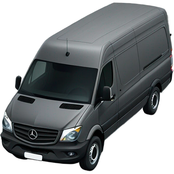 Diagonal view Dark grey Mercedes sprinter van with two round circle headlights that are yellow  emoji