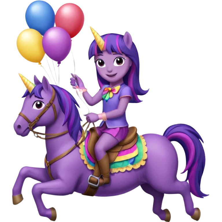 twillight sparkle mlp holding colorful balloons tied to its saddle, looking cheerful. emoji