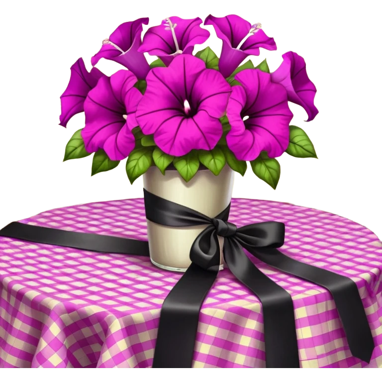 A lush bouquet of bright light margenta color petunia black satin ribbon, resting on an antique wooden table, with a pale yellow and pink plaid pattern table cloth emoji
