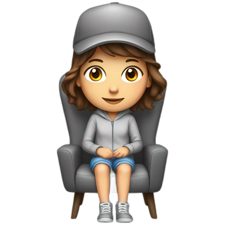 girl with brown hair sitting on a gaming chair, wearing a hat and grey onesie emoji