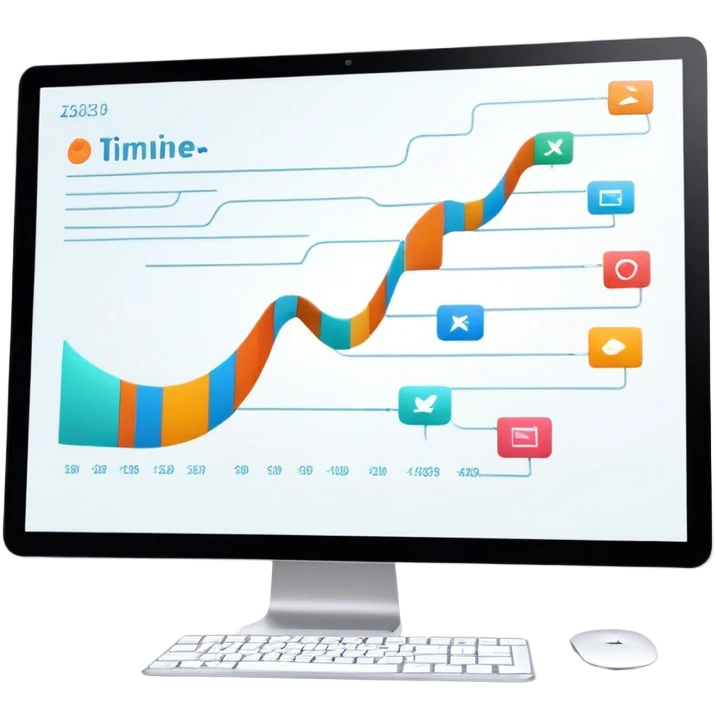 Animation and motion design. A computer screen with an animation timeline, moving frames. Display a cartoon or animated scene on the screen. Include motion design elements like flowing lines, curves, or rotating objects. Modern, creative colors. No emojis or smiley faces. Transparent background. emoji