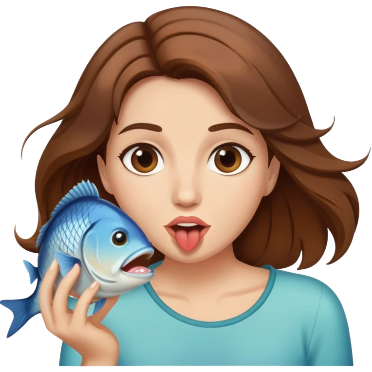 flowy brown haired woman with fish going in mouth emoji