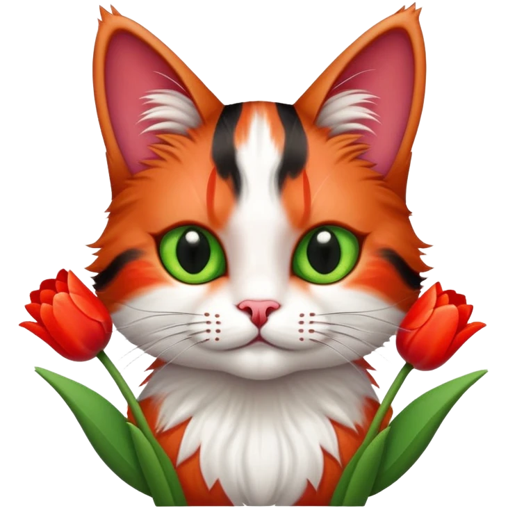 tricolor fluffy cat with big green eyes holding red tulips in her arms emoji