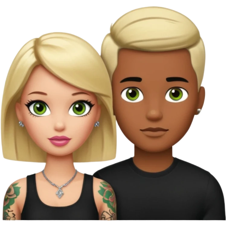 Brown skin blonde hair brown eyed barbie with her pale boyfriend with black short hair and green eyes with tattoos emoji
