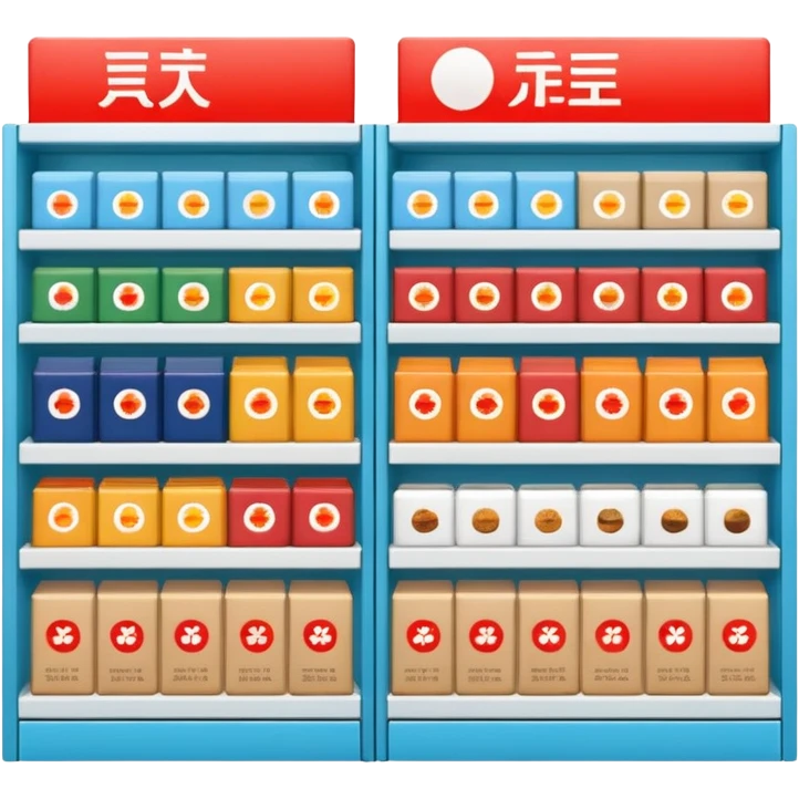 "Minimalist Japanese shelf display, identical products placed directly behind one another (same items stocked in depth), different product types arranged side by side, clean spacing, precise symmetry, soft neutral lighting, front-facing packages, ultra-detailed." emoji