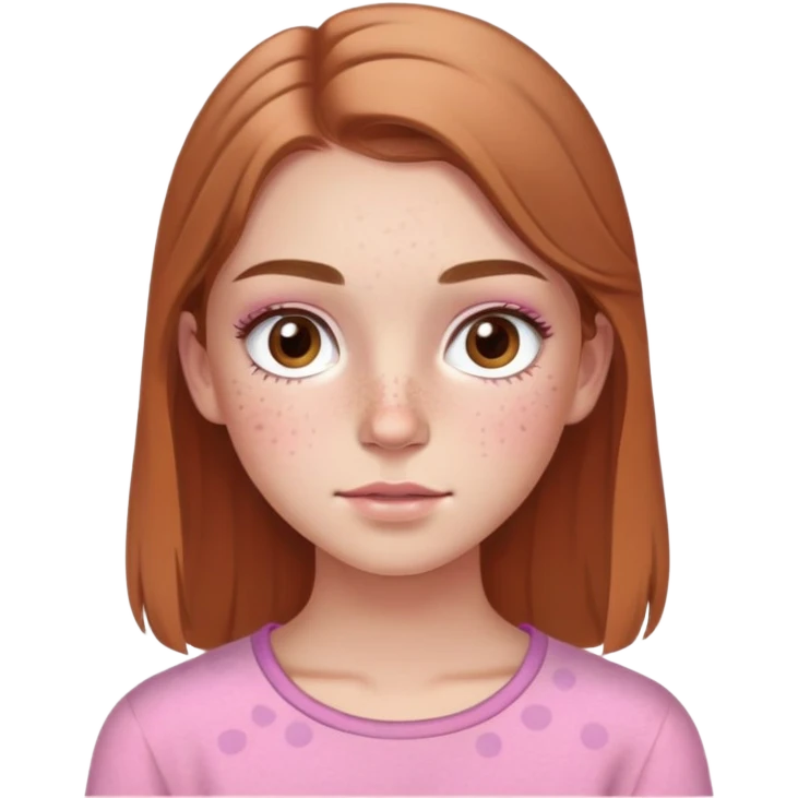 Young girl with freckles on her face, light brown eyes, long eyelashes, marked eyebrows, light brown hair, pink clothes emoji